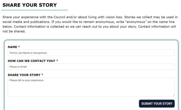 Screenshot of Share Your Story Form on Council website