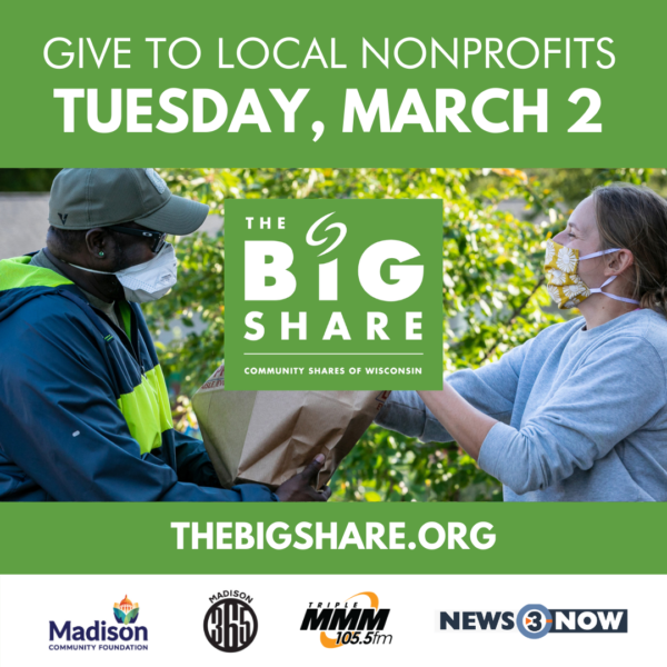 Person handing another person a bag with logos of media partners below and the words Give to Local Nonprofits Tuesday, March 2.