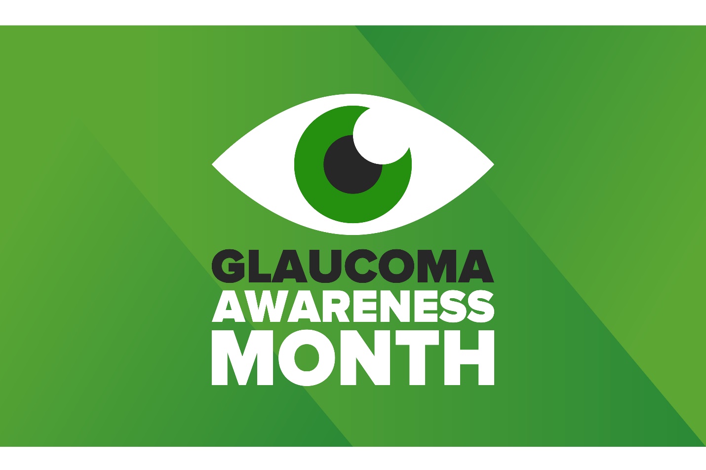 Drawing of an eye on a green background with the words Glaucoma Awareness Month.