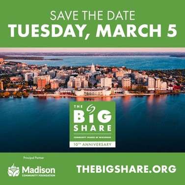 An aerial view of Madison’s isthmus with the Big Share 10th anniversary logo and the text Save the date Tuesday, March 5