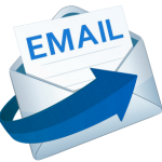 A graphic features a white envelope with a piece of paper sticking out halfway that reads “email.” A blue arrow pointing to the right sweeps across the envelope. 