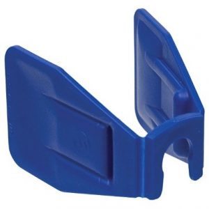 A blue eye drop bottle squeezer shows two symmetrical sides and an opening for the bottle. It is pictured on top of a white background. 