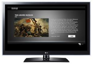 An LG smart TV displaying text about the Louvre Museum.