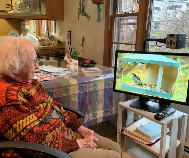 A woman watches her bird feeder from her living room using a CCTV and monitor