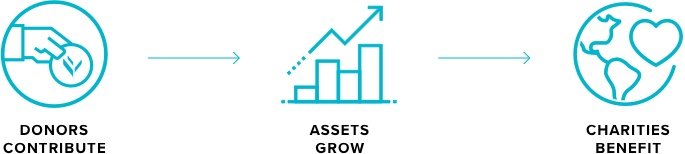 donors contribute, assets grow, charities benefit. Icons courtesy of National Philanthropic Trust.