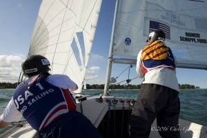 Two men with helmets in a sailboat on blue waters.