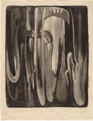 A black and white graphite drawing of bending tubes.