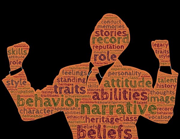 A cut-out of a person holding two fists towards the sky with the words traits, behavior, abilities, narrative, beliefs, attitude, stories and more written on them.
