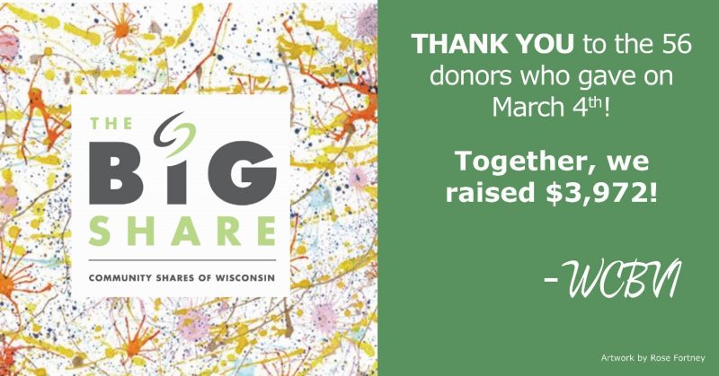 Photo of a Big Share thank you card that says Thank You to the 56 donors who gave on March 4th! Together, we raised $3,972! From WCBVI