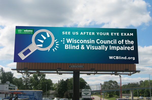 “See us after your eye exam” A magnifier magnifies the WCBVI logo. WCBlind.org. 