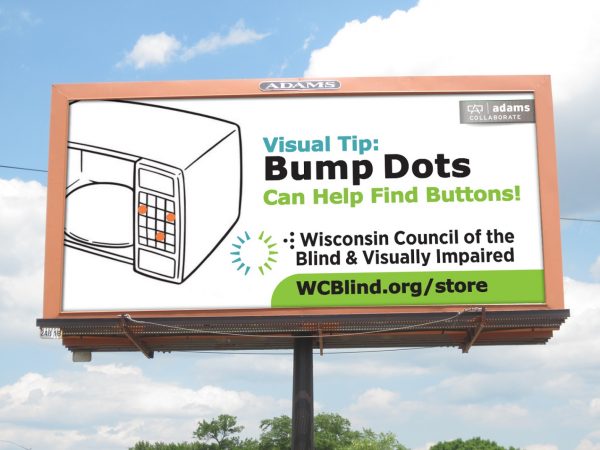 Visual tip: Bump dots can help find buttons! WCBVI logo. WCBlind.org/store. 