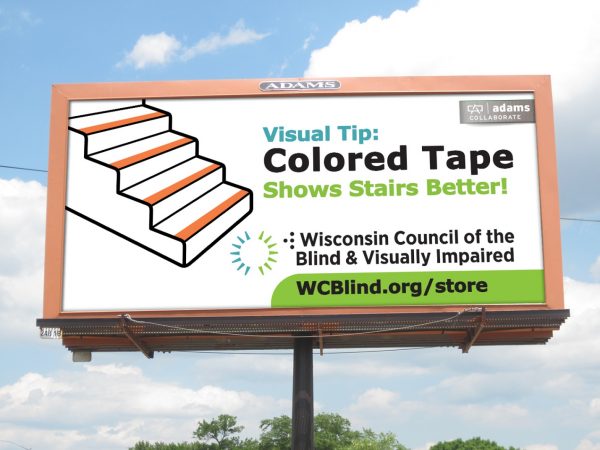 Visual tip: Colored tape shows stairs better! WCBVI logo. WCBlind.org/store.