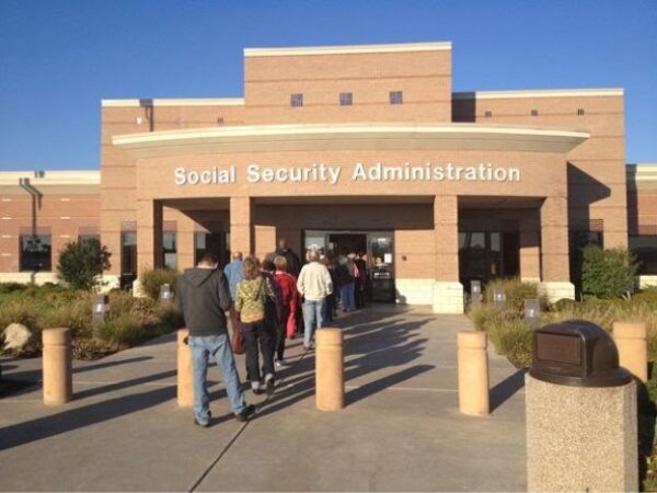A line outside of a Social Security Administration office building in the Bronx, New York.