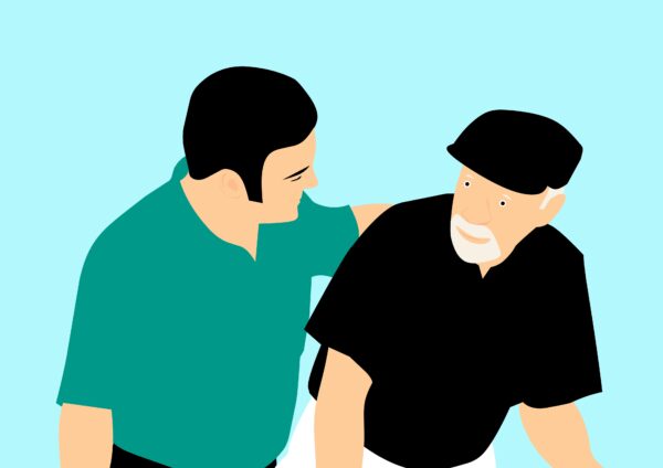 Graphic: A younger person helps an older person.