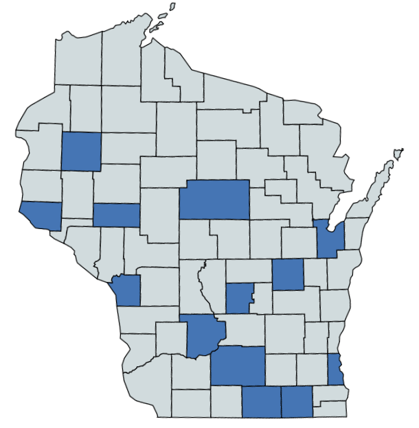 Dane County: 15
Rock County: 3
Sauk County: 3
Milwaukee County: 3
Brown County: 2
La Crosse County: 2
Marathon County: 2
Barron County: 1
Eau Claire County: 1
Marquette County: 1
Pierce County: 1
Walworth County: 1
Winnebago County: 1