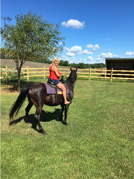 A woman on a horse outside.