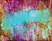 A watercolor-esque painting with pinks around the outside and a central blue pond.