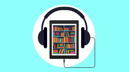 A blue background with a white circle in the center and an ipad with a graphic of a library, headphones plugged into it.