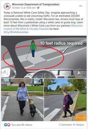 Screenshot of the DOT Facebook post “10 feet radius required” graphic with Patty Zallar and Denise Jess crossing the street.