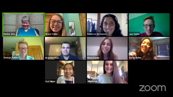 Eight scholarship recipients and two committee members on a Zoom call