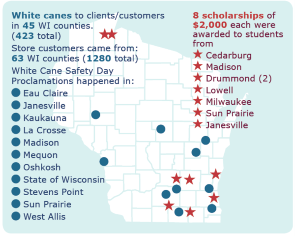 A map of Wisconsin marked with locations of people who received white canes, store customers and scholarship recipients from the Council.
