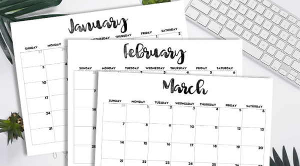 The January, February and March pages of a monthly calendar.