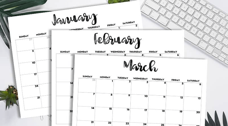 The January, February and March pages of a monthly calendar.