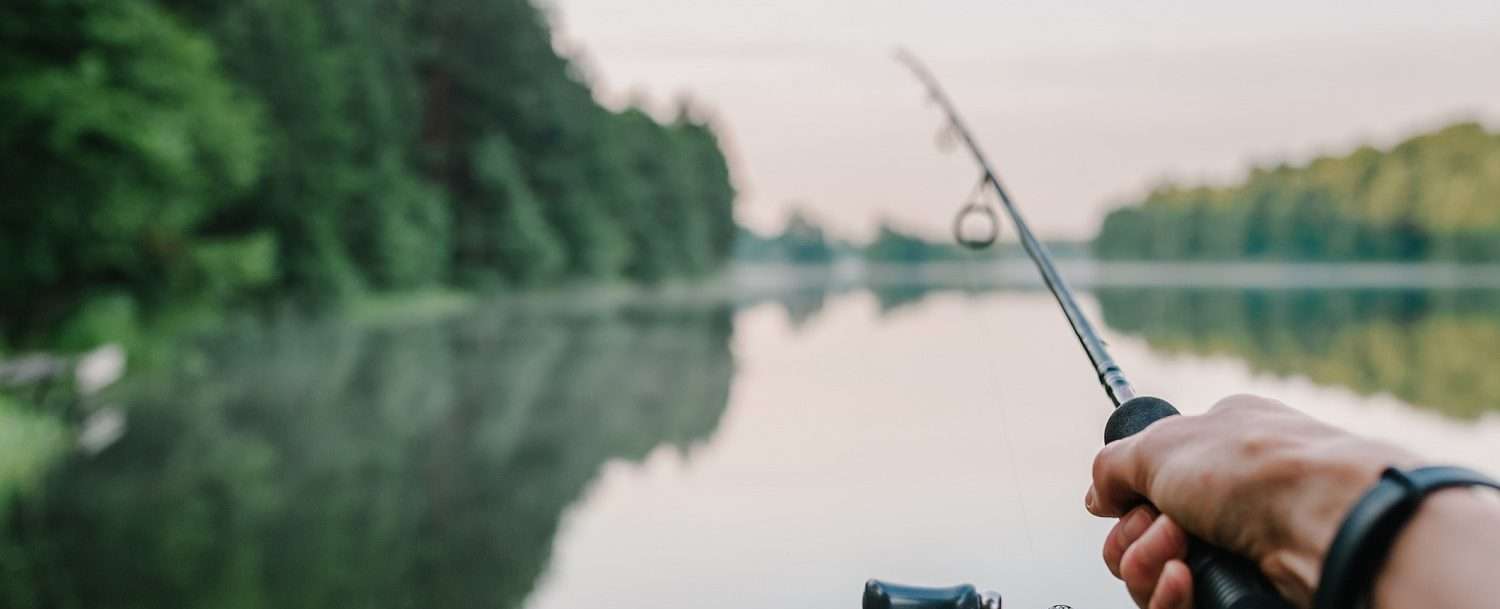 A hand holding a fishing rod extended out over a lake.