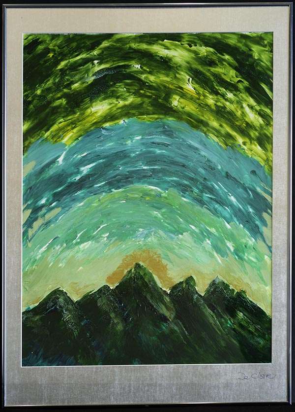 Painting of a sunrise over dark green mountains.