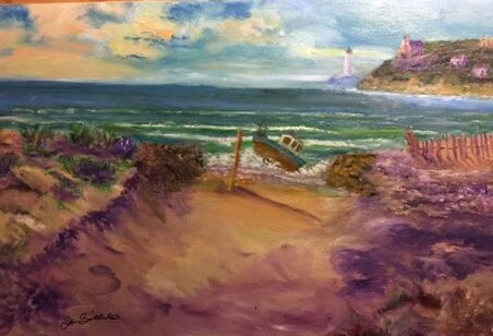 Painting of a beach with purple sand and a boat teetering on the water’s edge.