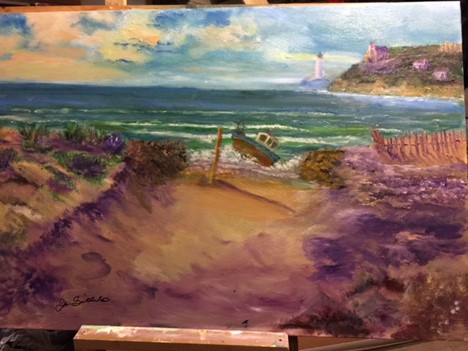 Painting of a beach with purple sand and a boat teetering on the water’s edge.