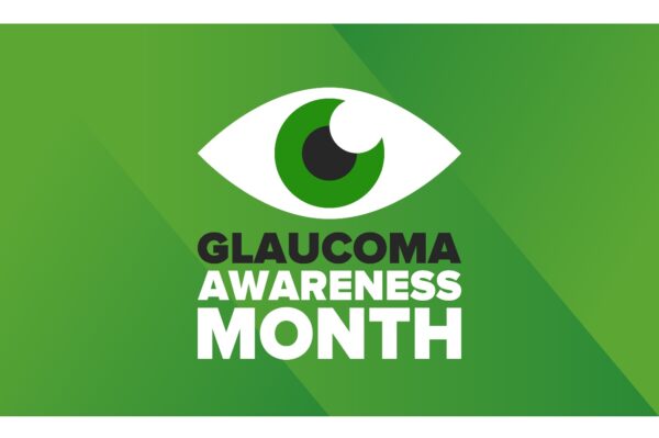 Drawing of an eye on a green background with the words Glaucoma Awareness Month.