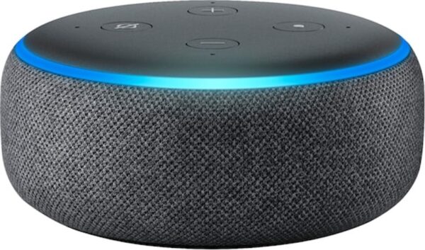 An Amazon Echo Dot smart speaker