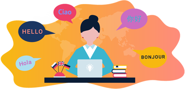 Graphic of a woman sitting at a desk saying hello in several languages