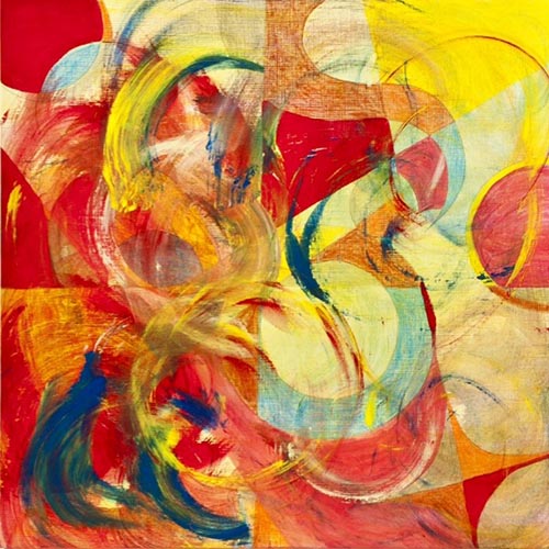 A painting of circular swirls of bright, vibrant colors, divided into quadrants.