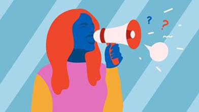 A multicolored drawing of a woman speaking into a megaphone that has a speech bubble and question marks coming out of the speaker.