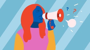 A multicolored drawing of a woman speaking into a megaphone that has a speech bubble and question marks coming out of the speaker.