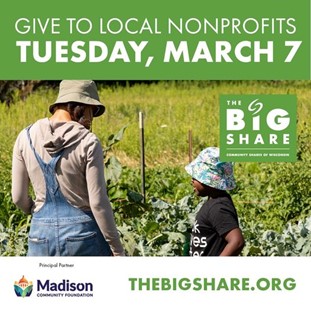 People working in a community garden and the words Give to Local Nonprofits Tuesday, March 7 along with The Big Share logo