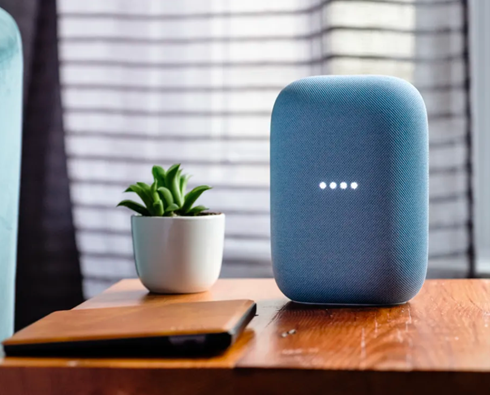 A Google Nest Audio smart speaker sitting on a table next to a folder and a plant