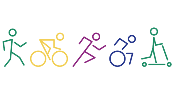 Stick drawings of individuals walking, cycling, running, using a wheelchair and using a scooter
