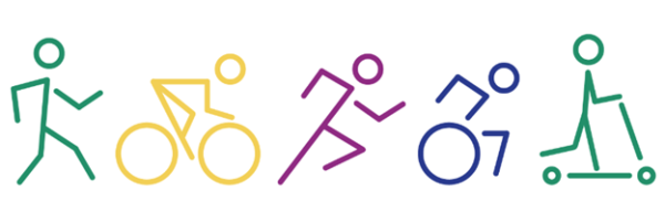 Stick drawings of individuals walking, cycling, running, using a wheelchair and using a scooter