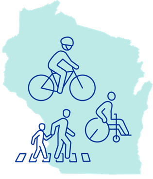 Line drawings of a cyclist, a wheelchair user and an adult and a child walking in a crosswalk superimposed on a silouette of the state of Wisconsin