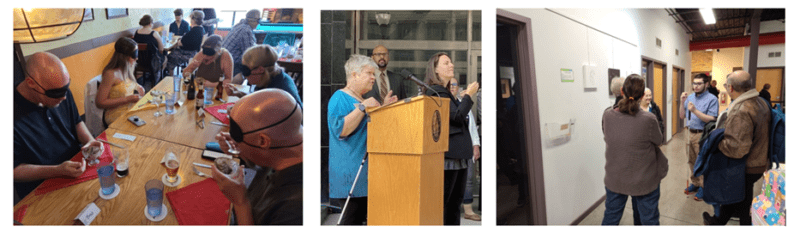 A collage of images from 2023: A table of blindfolded diners at Beastro & Barley enjoying their dessert from Dining in the Dark. Denise at the podium speaking at a press event in Madison. And a group of people having a conversation at Gallery Night.