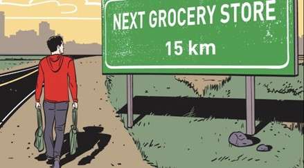 Graphic of a person walking on the side of a road carrying empty shopping bags looking at a sign reading Next Grocery Store 15 km