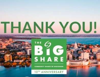 The words Thank You! and the Big Share logo over a birds-eye view of Madison