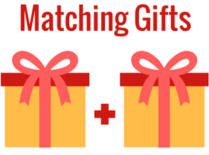 Graphic showing two giftwrapped gifts with a plus sign between them along with the words Matching Gifts