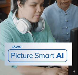 Young woman with headphones on a computer and the words JAWS Picture Smart AI