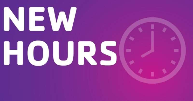 A clock and the words New Hours on a purple background