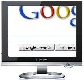 A computer monitor showing part of a Google search box magnified to a large size.