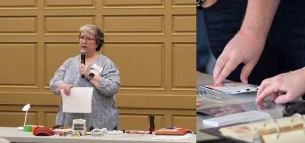 A split photo with Amy Wurf giving a presentation on the left and hands examining bump dots on the right.
